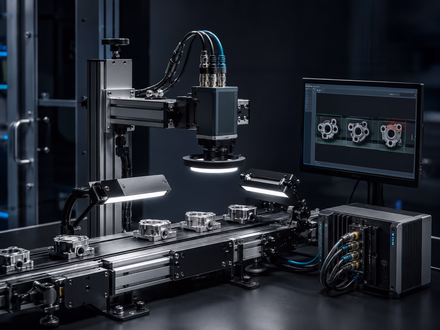 Machine vision inspection system with an industrial camera and controlled lighting over a production conveyor