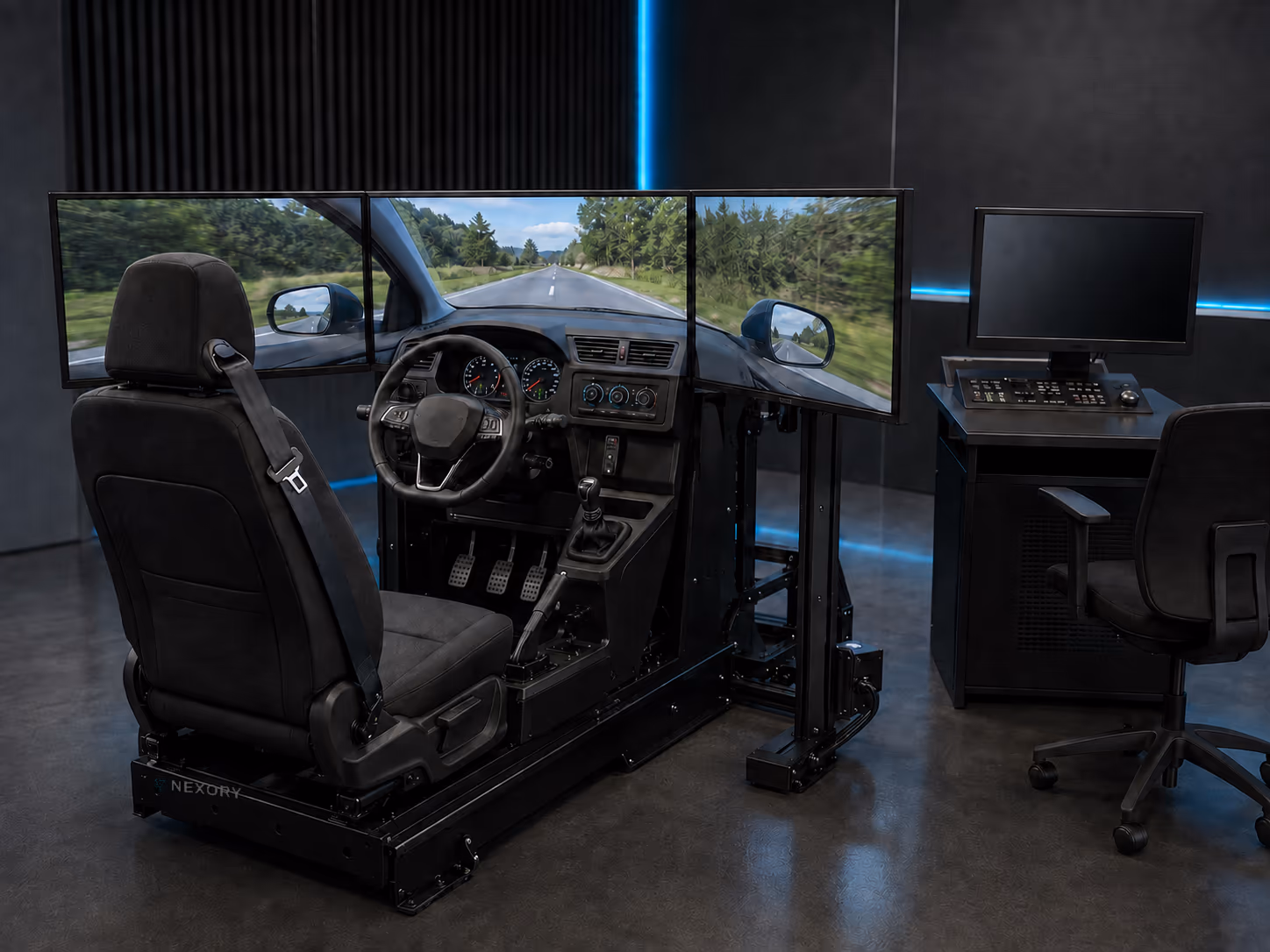 Driving training simulator with a car-derived cockpit, three-point belt, panoramic triple display and a separate instructor workstation