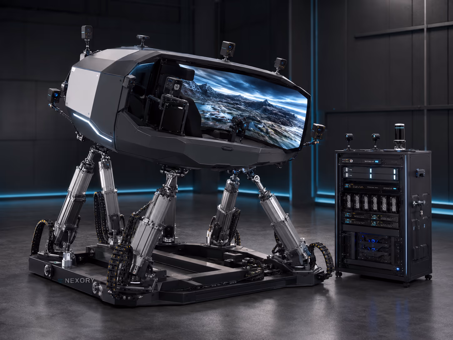 AI-controlled motion simulator platform with servo-driven actuators and a training cockpit in an engineering laboratory